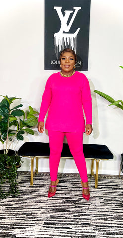 Cuttie Round Neck Long Sleeve 2 Piece Lounge Set (Hot Pink)