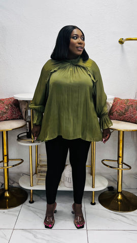 Verona Ruffle Detail Statement Blouse - Olive Green
