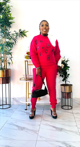 ANDREA ALPHABET RHINESTONE 2 PIECE SWEATER PANT SET (Fushia Pink)