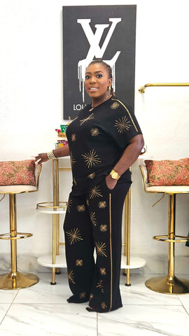 Star Luxe Embellished Wide Leg Matching Set - Black