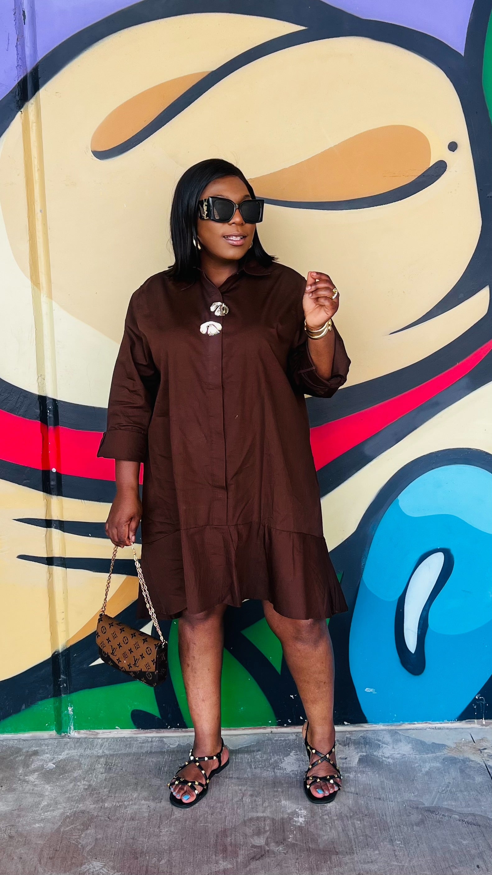 Drovani Brooch Accent Relaxed Shirt Dress (Coffee) Large By Styletittudeapparelusa