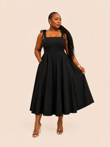 Arielle Smocked Bow Strap Dress - Black