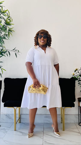 SENNA BEADED COLLAR FLARE MIDI DRESS