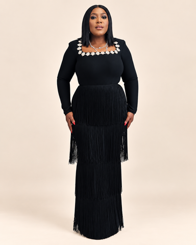 Bellavie Floral Fringe Bandage Maxi Dress