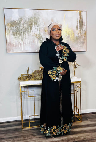 Blooming Floral Patch Lace Kaftan Maxi Dress (Gold)