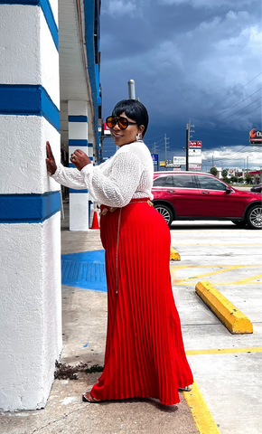 QUINNTY BELTED PLEATED WIDE LEG PANTS (Red)