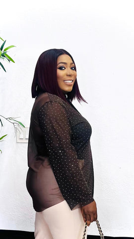 Brown Midnight Dotted Illusion Sheer Mesh Button-Up Shirt Top