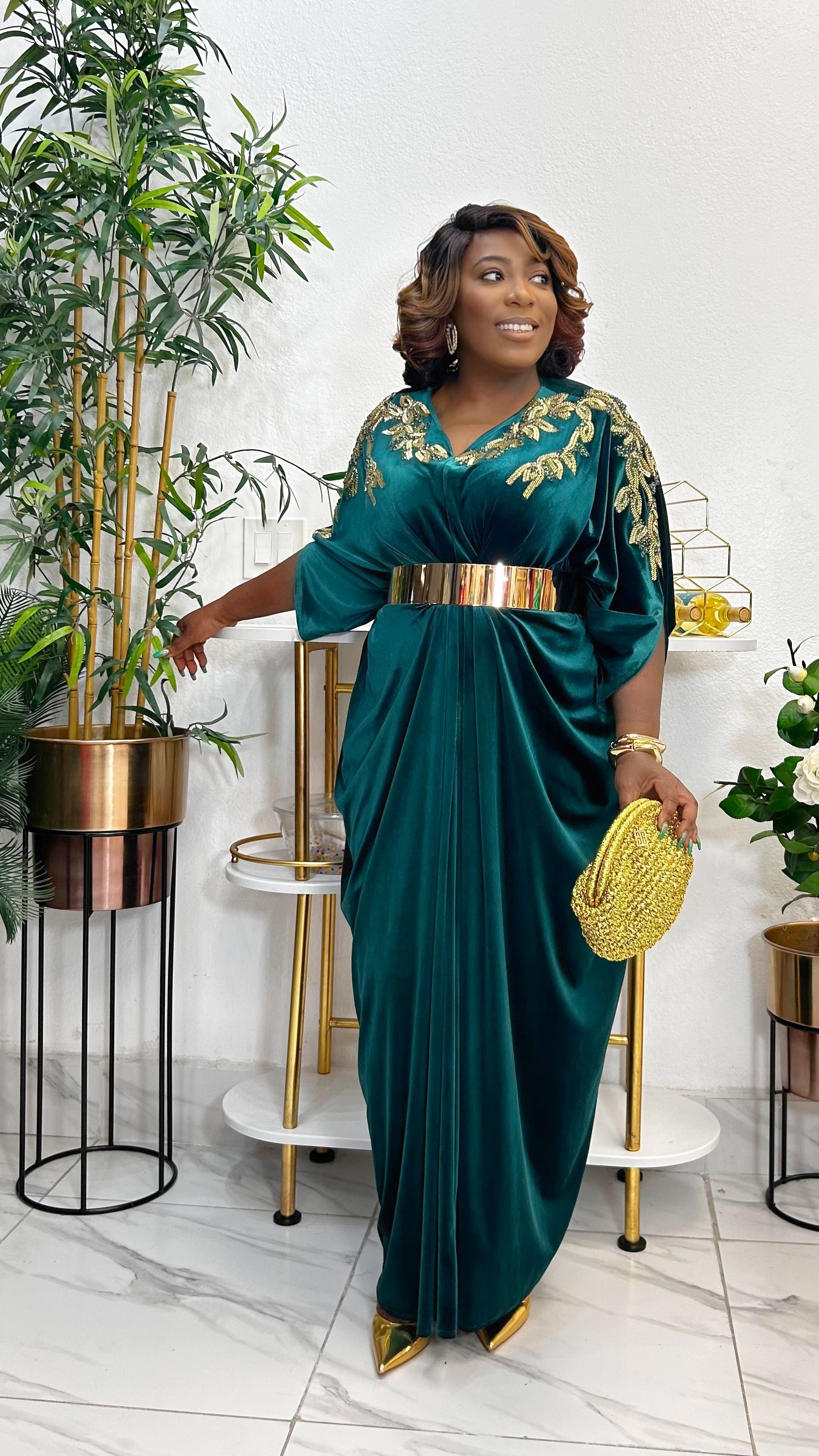 LAVINIA EXCLUSIVE GOLD EMBELLISHED VELVET KAFTAN DRESS (Green) – styletittudeapparelusa