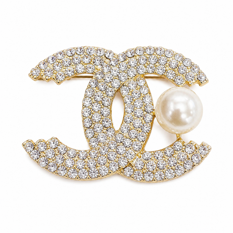 Solenne Crystal Pearl Crest Brooch Pin – Gold