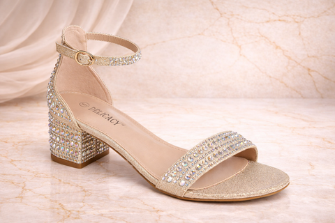NATALIE RHINESTONE LOS HEEL SANDAL (Champagne Gold)