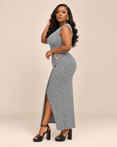 Monique Geometric Buckle Detail Maxi Dress