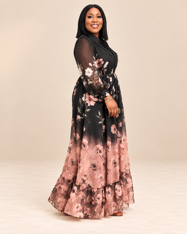 Harriet Beaded Floral Chiffon Maxi Belted Dress