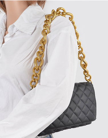 JAVIES CHUNKY CHAIN QUILTED FAUX LEATHER SHOULDER BAG (Olive)