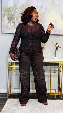 The Moiré Suede Sheer Mesh Floral Top (Brown)