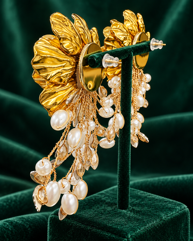 Solmara Bloom Pearl Cascade Statement Earrings - Gold