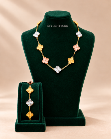 Fortune Tri-Tone Clover Necklace & Bracelet Set - Gold