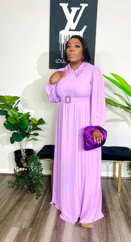 MYA PETER PAN NECK PEARL FLOWING MAXI DRESS