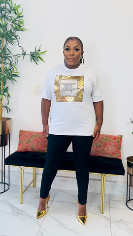 POSITIVE THOUGHTS GOLD FOIL GRAPHIC PRINT T-SHIRT TOP (white)