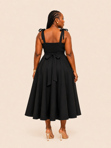 Arielle Smocked Bow Strap Dress - Black