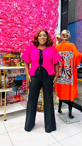 BLOOM SELF TIE PUFF SLEEVES TOP (Fuchsia Pink)