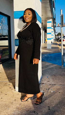 BLOOM SCULPT 3D FLOWER CINCH-BACK SWEATER DRESS