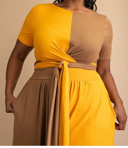 SHEILA HALF AND HALF CROP TOP WIDE LEG PANT SET (Mustard)