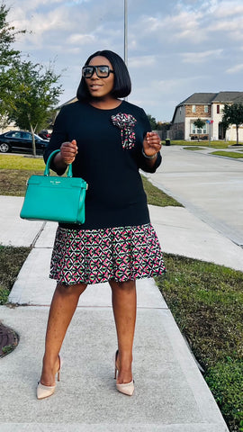 KENDRA MULTI PLEAT/FLOWER PIN DETAILED DRESS (Black)