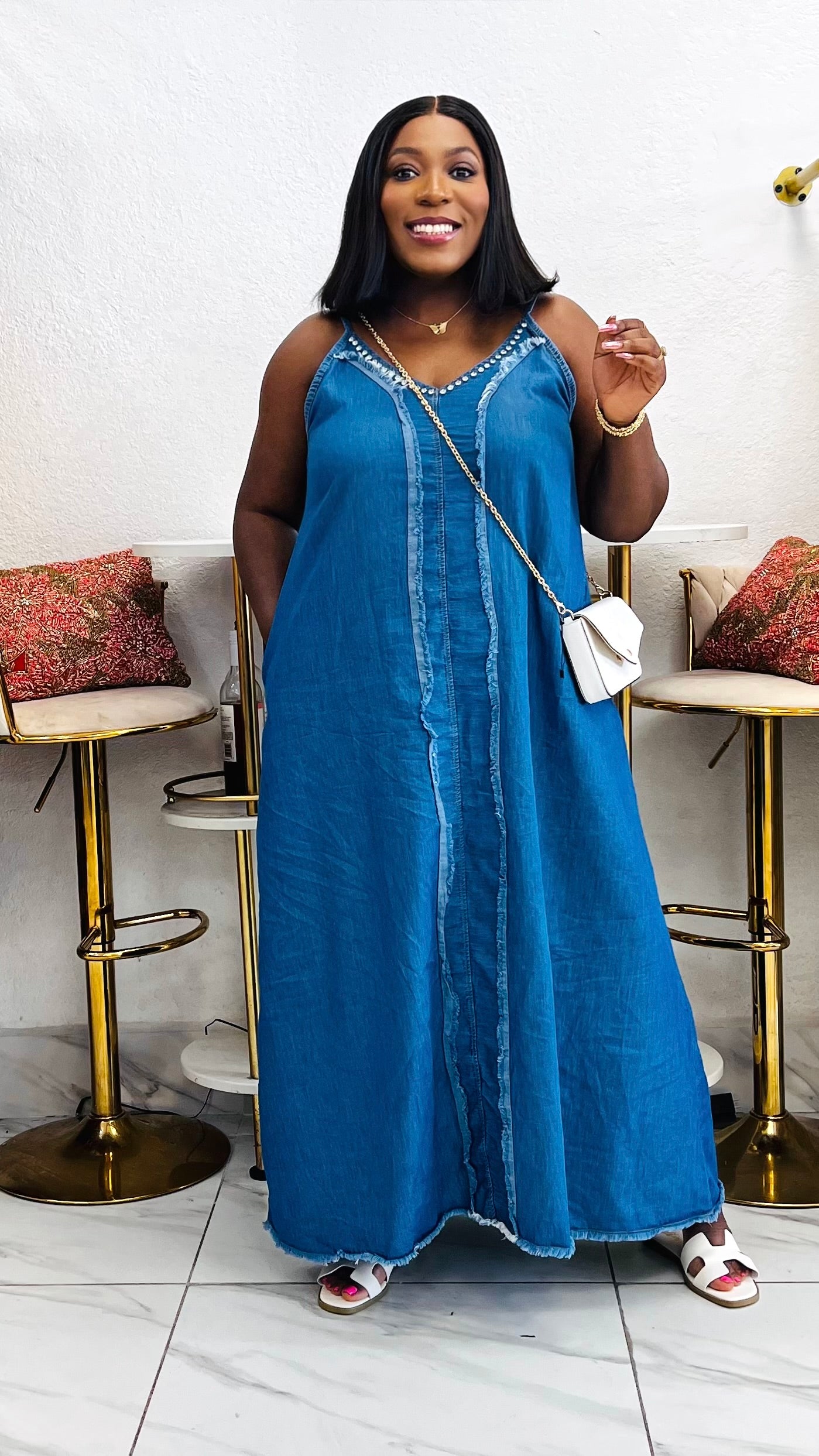 AZARIAH Frayed Edge Denim Maxi Dress Large