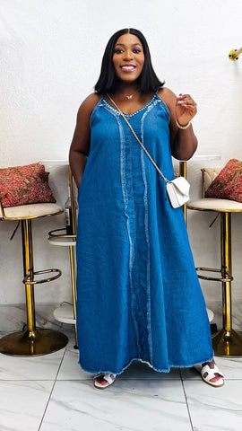 AZARIAH Frayed Edge Denim Maxi Dress