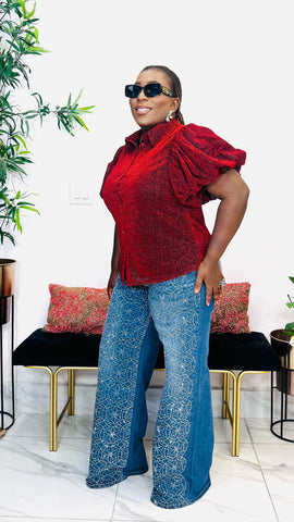 ROULETTE SHIMMER PUFF SLEEVE TOP (Red)