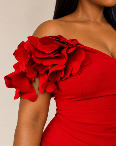 Valentina Red Ruffle Off-Shoulder Bodycon Midi Dress