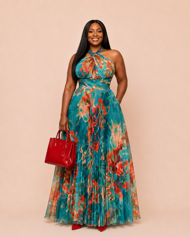 Oceana Pleated Halter Garden Maxi Dress – Teal Multi