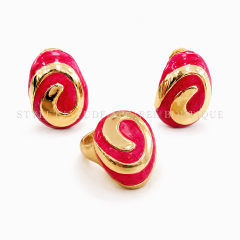 Solenne Sculpted Swirl Earring & Ring Set – Fuchsia/Gold