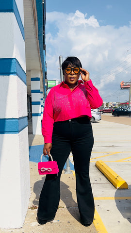 TONYA RHINESTONE CROP SHIRT TOP (Fushia Pink )