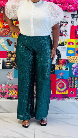 AELYNN SEQUINED WIDE LEG PANT (Green)