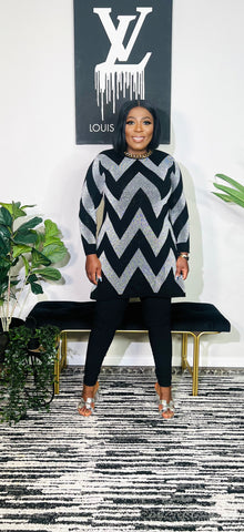 Icy Warmth Silver Zig Zag Tunic Sweater Top (Black)