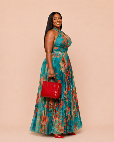 Oceana Pleated Halter Garden Maxi Dress – Teal Multi
