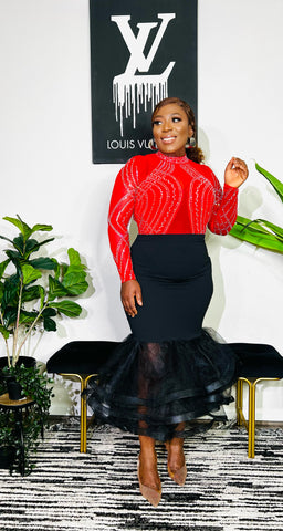ANYA RHINESTONE MESH EXCLUSIVE BODYSUIT ( Red)