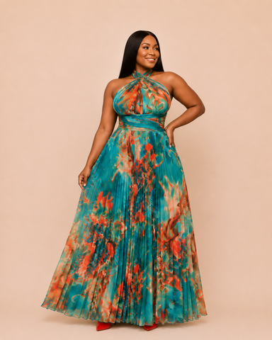 Oceana Pleated Halter Garden Maxi Dress – Teal Multi