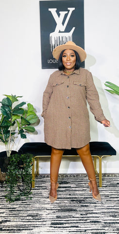 Bertha Plaid Button Down Tunic Dress (Brown)