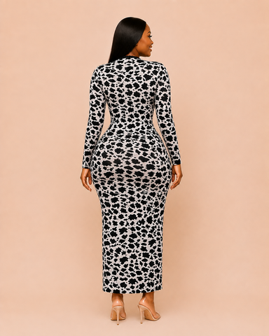 Kaelisse Beaded Velvet Mesh Midi Dress – Black/White