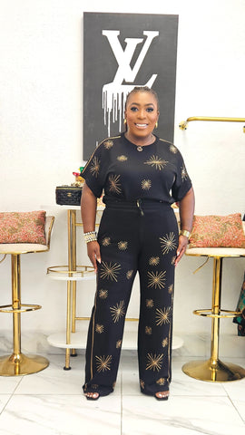 Star Luxe Embellished Wide Leg Matching Set - Black