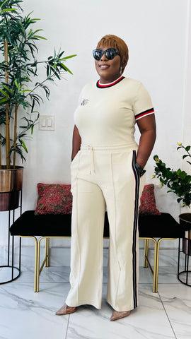 FRANCISCA SIDE STRIPE STONED LUXE KNIT PANT SET