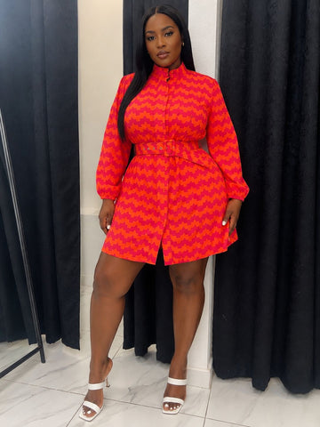 ZURIA BELTED GEO PRINT SHIRT DRESS