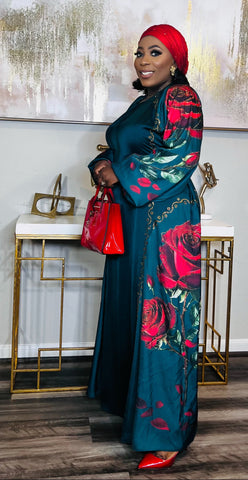 Emerald Floral Rhinestone Silk Maxi Dress