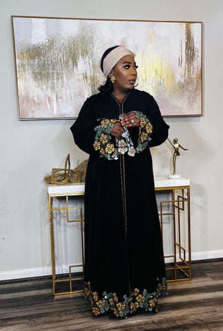 Blooming Floral Patch Lace Kaftan Maxi Dress (Gold)