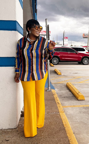 JANICE SILK MULTICOLOR STRIPE SHIRT TOP (MUSTARD)