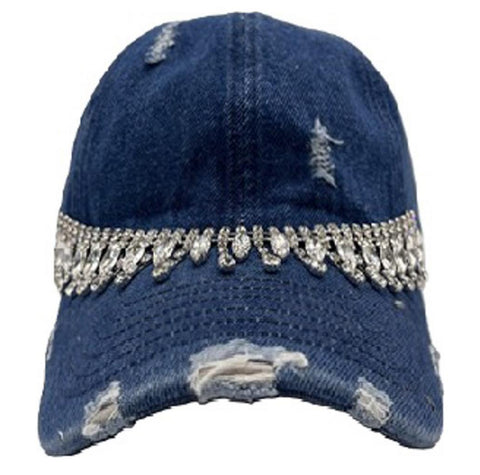 DENIM LOVE RHINESTONE RIPPED FACE CAP