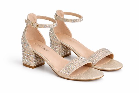 NATALIE RHINESTONE LOS HEEL SANDAL (Champagne Gold)