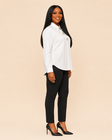 Elodie Pearl Bow Brooch Cotton Shirt – Ivory/White